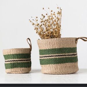 Bloomingville jute baskets with leather handles.  Tan, green and blue.